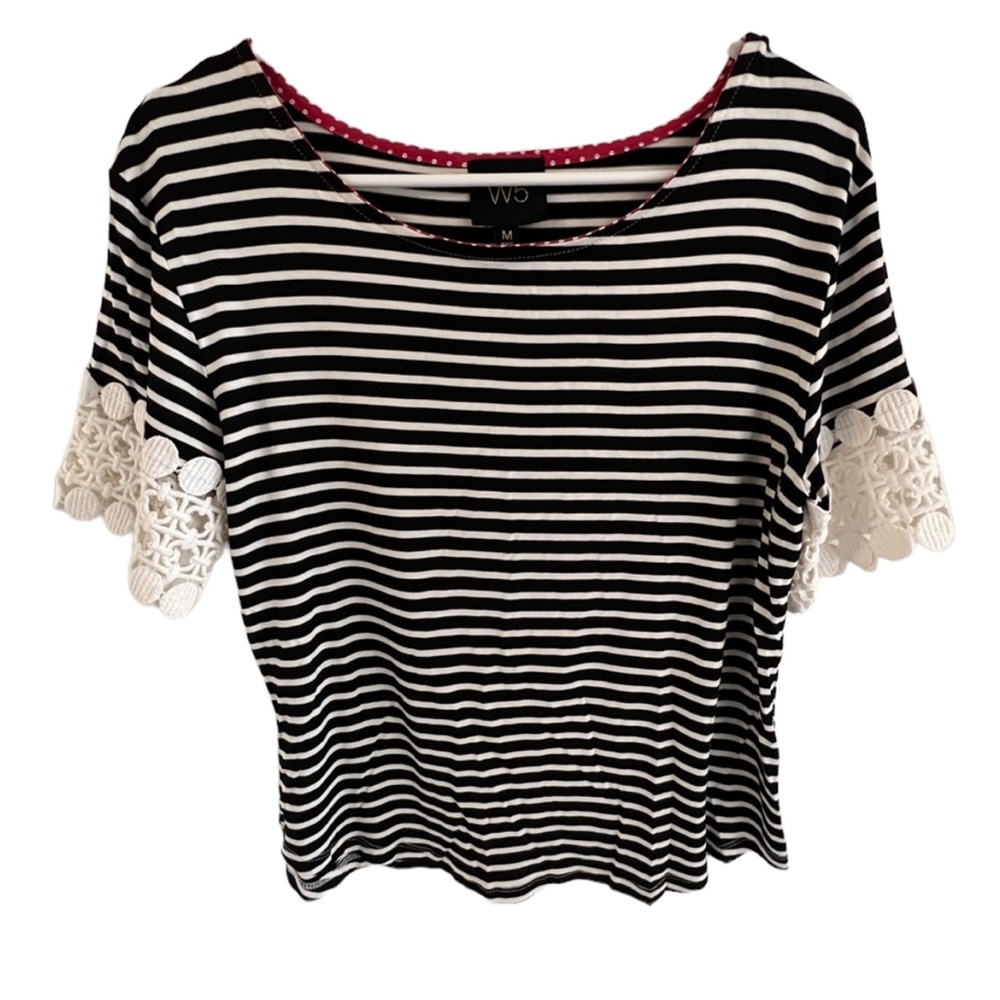 W5 Black & White Striped Blouse With Lace Sleeves